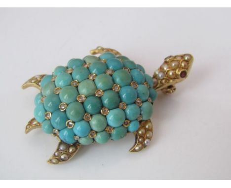 An 18ct turquoise, diamond and pearl set brooch in the form of a tortoise, 15.5g