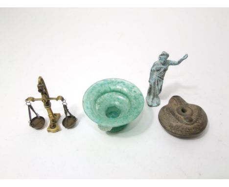 A psudeo ancient figure, glass bowl and lamp and a small set of balance scales