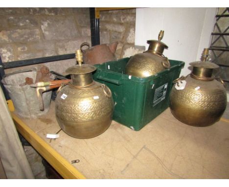 A pair of embossed brass oval form vases adapted as lamps, vintage hand tools, galvanized brackets, etc