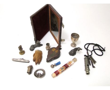 Mid 19th century Ambrotype portrait, cased, otters paw brooch, miniature bellows, small silver mounted pen knife, a policeman