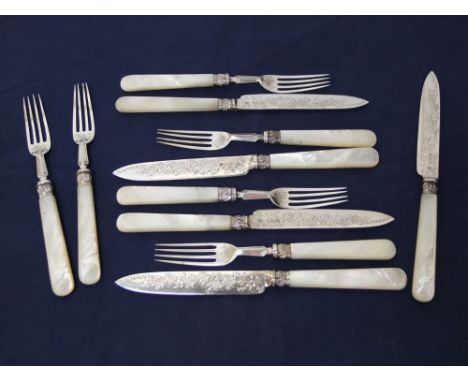 Five pairs of silver bladed dessert knives and forks with etched detail and mother-of-pearl handles, London 1909