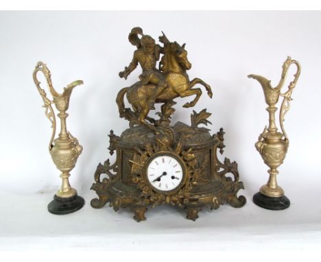 A French gilt spelter figural garniture mantle clock (3)