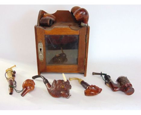 A glazed hanging pipe cabinet containing a selection of interesting meerschaum type and other pipes, one in the form of a bul