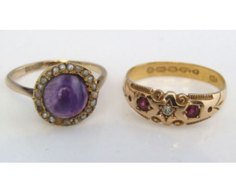 An 18ct diamond and ruby ring with engraved decoration together with an 18ct cabochon amethyst and seed pearl ring. 6g total