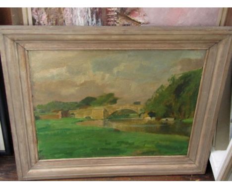 A collection of pictures and prints including an oil painting on board of a landscape with bridge, signed Buchanan, 38x50cm, 