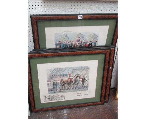 A set of four signed coloured limited edition humorous caricature type prints on a horse racing theme after A J Goonan, signe
