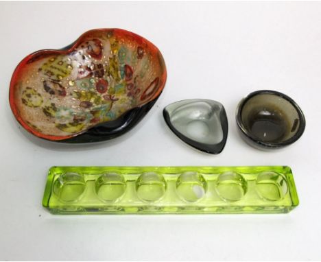 An interesting studio glass dish, with abstract decoration and gilt highlights together with two further art glass dishes and