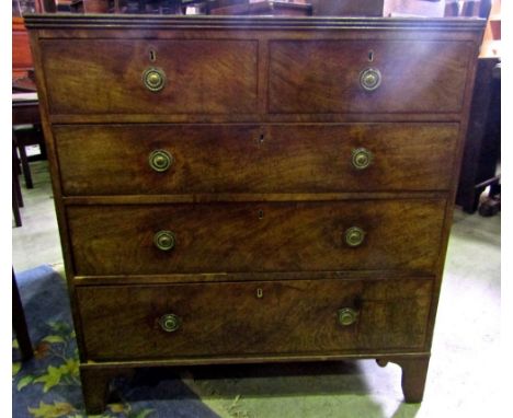 A 19th century mahogany bedroom chest of three long and two short drawers raised on bracket support