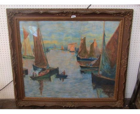 A 20th century continental school pastel study of a canal scene with sailing barges, figures, etc, signed bottom right R Dela