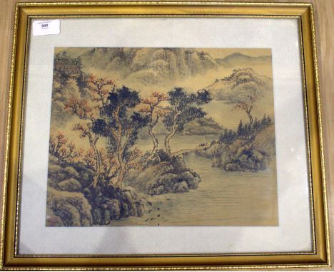 Chinese Antique Painting Of A River Landscape, Signed With Chinese Characters And Red Seal Mark, Framed And Glazed, 17 x 15 I