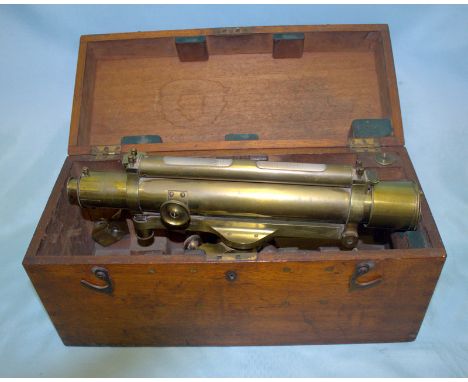 Troughton & Simms London japanned metal & brass level, with rack & pinion focus and compass in fitted mahogany box 