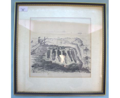 Unusual Lithograph Print Of Ancient Stone Coffins Cut In The Solid Rock, Heysham, Lancashire. Sketched By The Rev J.F Lees, P