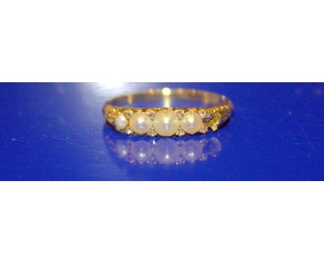 Victorian 18ct Gold Pearl Ring Between Diamond Set Spacers, One Pearl Missing, Stamped 18ct, Weight 3.3 Grams