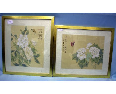 Pair Of Chinese Watercolour Paintings On Paper, Depicting Butterflies Amongst Flowers, Fully Signed With Chinese Characters A