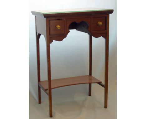 Small 19thC Mahogany Side Table, 2 Frieze Drawers, Square Inlaid Tapered Legs With Cross Stretcher Shelf, Height 29 Inches, 1