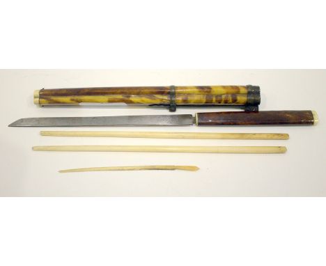 19thC Japanese Tortoise Shell Travelling Chopsticks, Knife And Toothpick Set In Ivory Tipped Scabbard, Looks To Be Early 19th