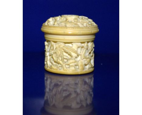 Rare Early 19thC Cantonese Ivory Ladies Lidded Rouge Pot, Finely Carved To The Lid With Chinese Figures Amongst Foliage With 