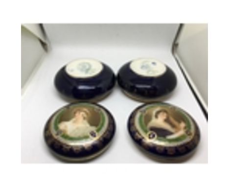 Royal Vienna Alexandra Porcelain Works Very Fine Pair of Hand Painted Portrait Lidded Trinket Jars/Boxes on a deep cobalt blu