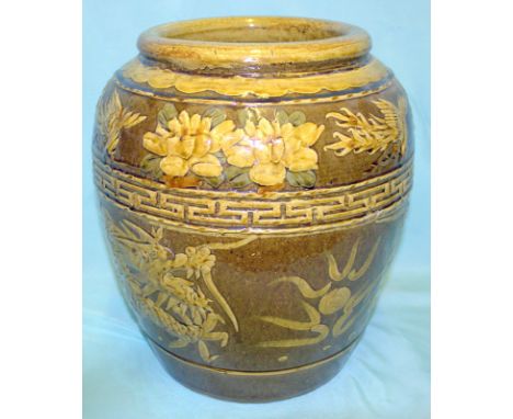 Antique Chinese Slipware Wine Jar Of Large Size, Decorated In Brown Glaze, Raised Decoration, Dragon Chasing The Flaming Pear