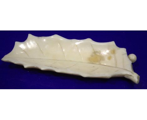 Small Japanese Ivory trinket Tray, Naturalistically Carved In The Form Of A Holly Leaf And Berry, Length 4.5 Inches