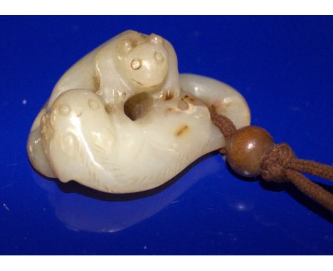 16th/17thC Carved Mutton Fat Jade Pendant, Finely Carved Showing A Squirrel Fighting A Salamander, Approx 2 x 1.5 Inches 