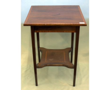 Edwardian Mahogany Inlaid Occasional Table, Square Cross Banded Top With Inlay Raised On Square Tapering Legs And Stretcher S