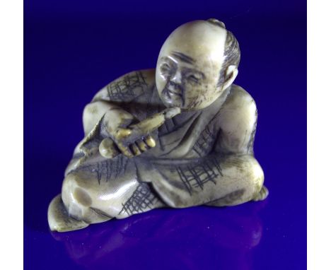 Antique Ivory Netsuke, Man Smoking A Pipe 