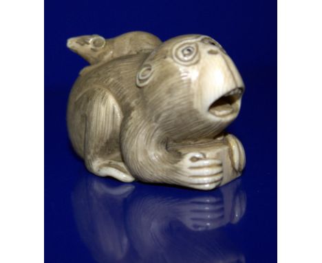 Japanese Finely Carved Ivory Netsuke Depicting A Monkey/Baboon With A Rat On It's Back, Signed To Base 