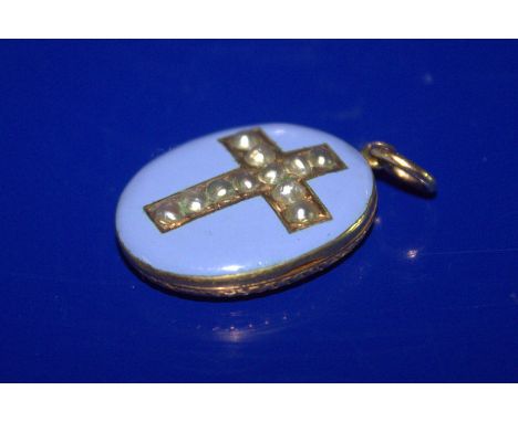 Victorian High Carat Gold Enamel Locket, Hinged Enamel Front Set With A Seed Pearl Cross, Engraved Gold Back, Glazed Compartm