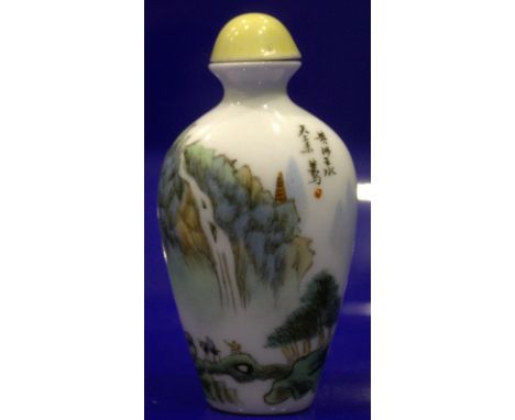 Chinese Republic Porcelain Snuff Bottle With Stopper, Decorated With Romantic River Landscape With Figures, Chinese Character