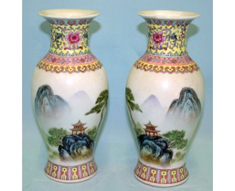 Pair Of Chinese Republic Period Vases, Finely Decorated With A Mountainous Landscape With Pagoda & Famille Rose Decorated Bor