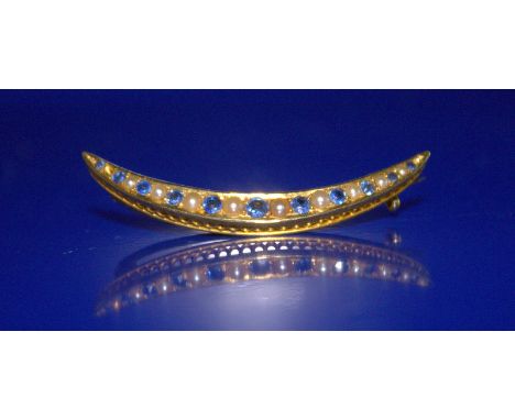 Victorian High Carat Gold Sapphire And Pearl Crescent Brooch, Unmarked Length 2 Inches