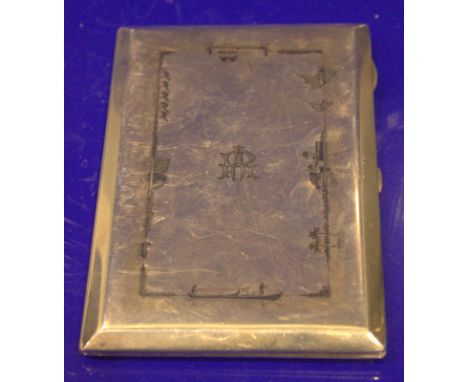 Egyptian Silver Niello Work Cigarette Case, Art Deco With Images Of The Nile, Boats, Engraved Initials RA, 5 x 3.5 Inches. 6.
