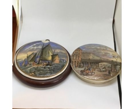 Two Prattware lids. Holburn Viaduct (unmounted) & Fishing Boats (Mounted). Chip to both 