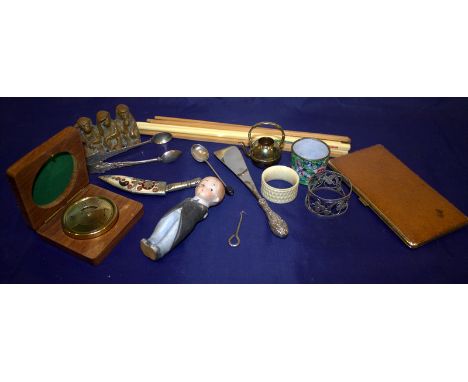 Small Mixed Lot To Include A Brass 3 Monkey Ornament (See No Evil, Hear No Evil, Speak No Evil), Silver Handled Shoe Horn, Si