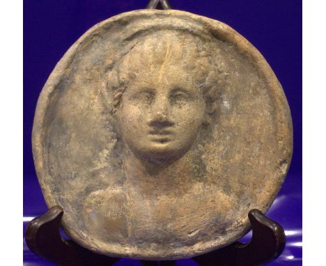 Romano British Terracotta Portrait Roundel, Head And Shoulders Of An Elegant Lady With Fine Hair. Dug From The Roman Villa At