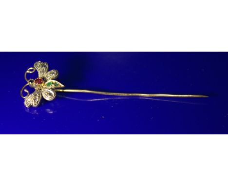 Gold Stick Pin With Jewel Set Butterfly Head 