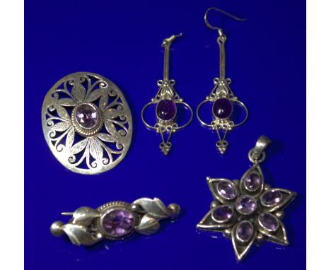 Collection Of 2 Amethyst Coloured Stone Set Brooches, A Similar Pendant And Drop Earrings (One Needs Replacement Fixing) 