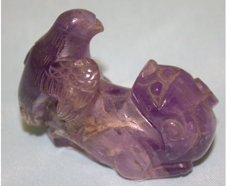 Antique Chinese Carved Amethyst Si Si Dog With An eagle Perched On His back, Length 2.5 Inches, Height 2 Inches 