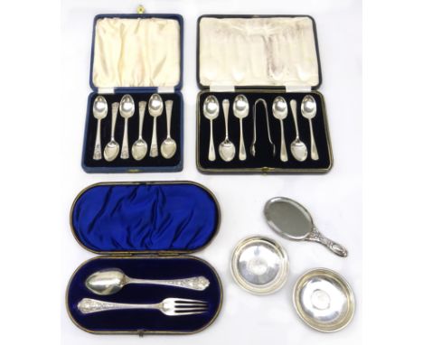 Set of six silver Coronation spoons by R Bond &amp; Co, Sheffield 1935, Victorian silver Chistening spoon and fork, cast deco