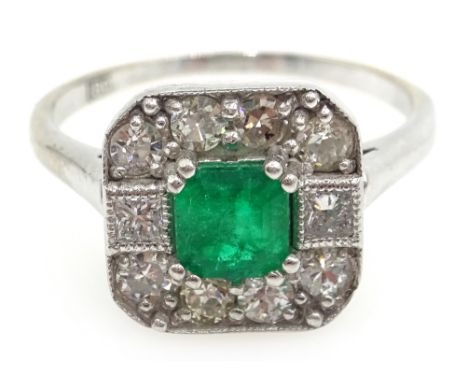 Art Deco style white gold emerald and diamond ring stamped 18ct Condition Report Ring size M - N, ring head = 1cm x 1cm
