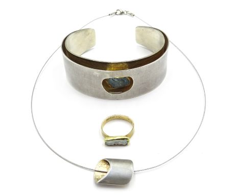 Antoniou designer silver, 18ct gold and aquamarine bangle, silver and 18ct gold necklace stamped 925 and 18ct gold mother of 