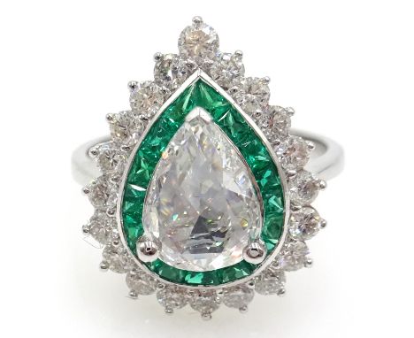 18ct white gold diamond and emerald cluster ring, stamped 750, central rose cut pear shaped diamond approx 1 carat, diamond s