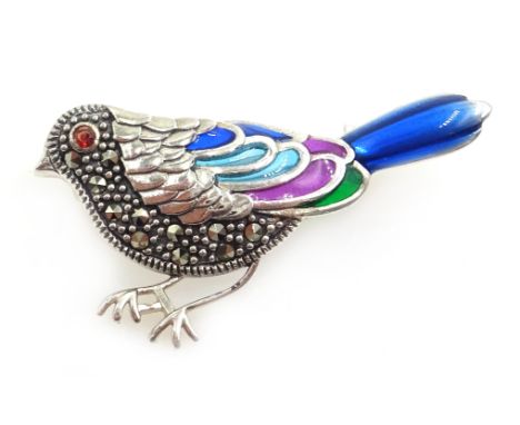 Silver and enamel plique-a-jour bird brooch stamped 925