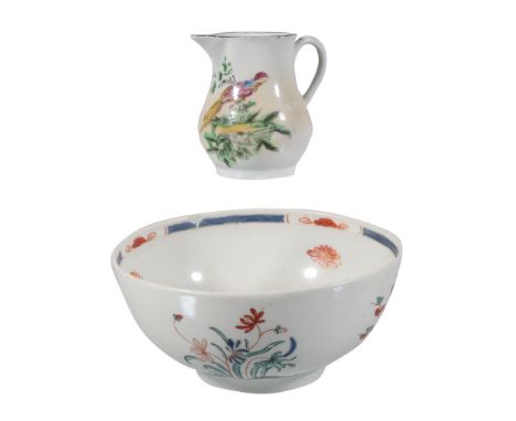  A Liverpool porcelain polychrome sparrow-beak jug,   circa 1780, probably Pennington's, painted with an exotic bird , 9cm hi