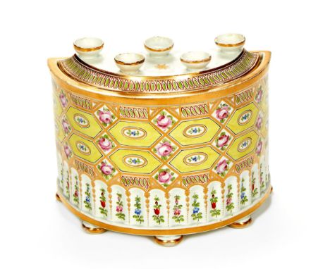  A Spode pearlware demi-lune bough-pot and pierced cover,   circa 1800, painted with a version of the 'Church Gresley' patter