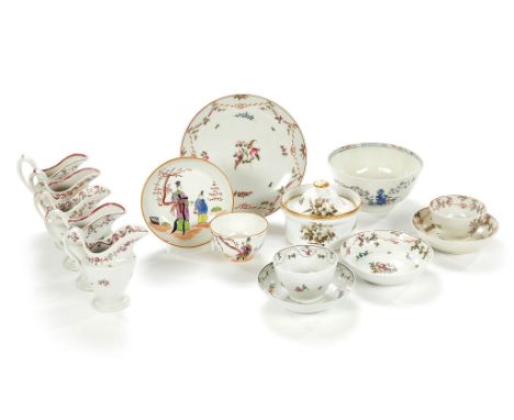  An assortment of New Hall type porcelain,   circa 1790, comprising: a slop bowl; a sugar box and cover; five various helmet 