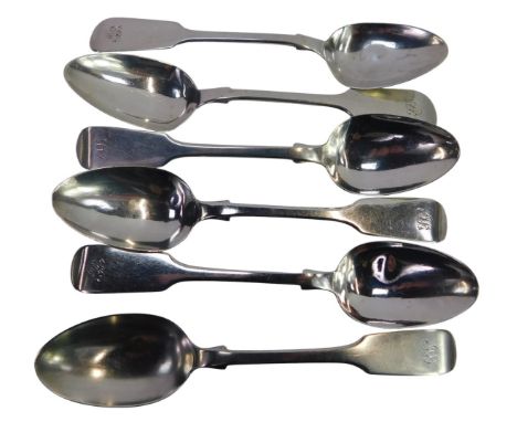 A set of six Victorian Scottish silver Fiddle pattern teaspoons, each initial engraved, Alexander Graham Wighton, Edinburgh 1