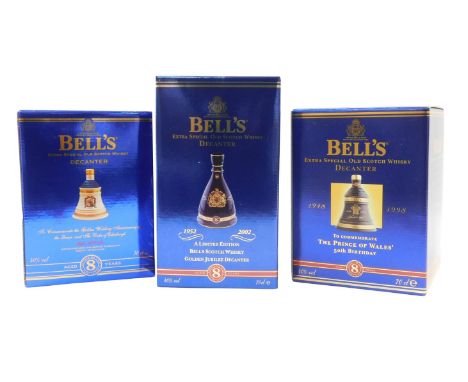 Three Bell's Scotch whisky decanters, To Commemorate The Prince of Wales 50th Birthday and The Golden Wedding Anniversary of 