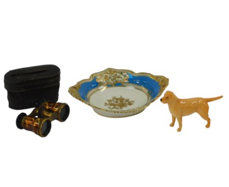 A Noritake porcelain twin handled trinket dish, 20cm wide, together with a Beswick figure of a Labrador, and a pair of Iris P